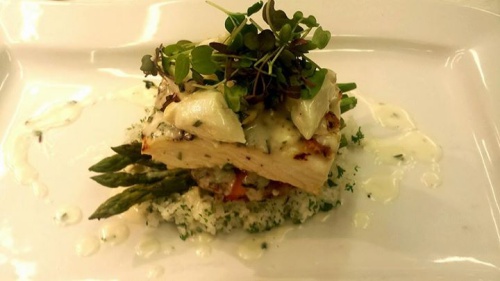 batch halibut over lobster cake