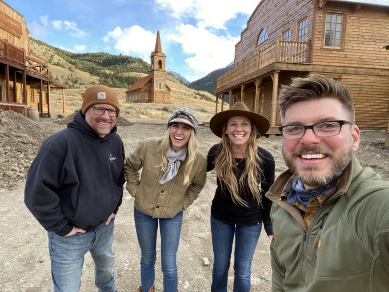 arry Hafford, Jackie Wickens, Trecie Wheat Hughes, and Jimmy Michaels take a break on the Yellowstone Film Ranch while filming their ‘Epic’ commercial for Yellowstone Brokers.